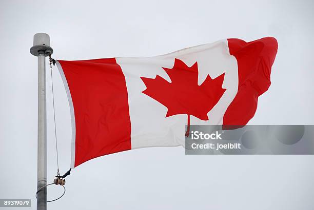 Canadian Flag In Winter Sky Stock Photo - Download Image Now - Canada, Canadian Flag, Cloud - Sky