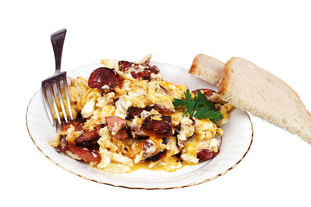 jajecznica - fork plate isolated scrambled eggs zdjęcia i obrazy z banku zdjęć