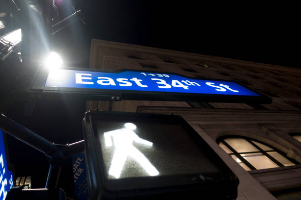 Manhattan lighted street signs blue and white