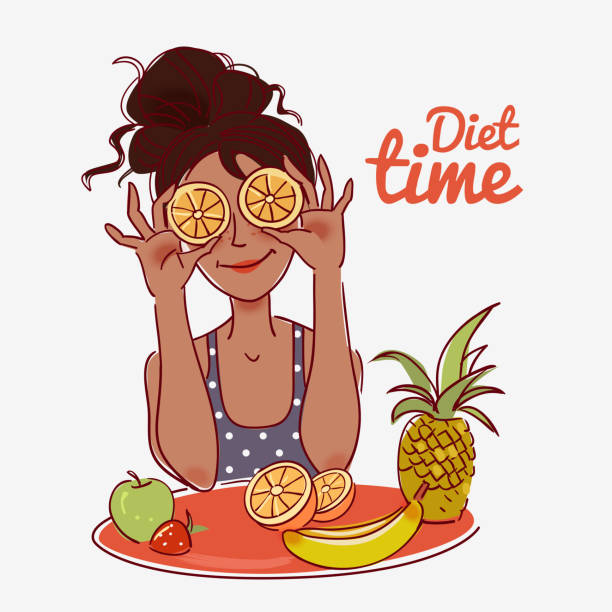 ilustrações, clipart, desenhos animados e ícones de jovem, bonita mulher segurando laranja fatias diante dos olhos - white background healthy eating meal salad