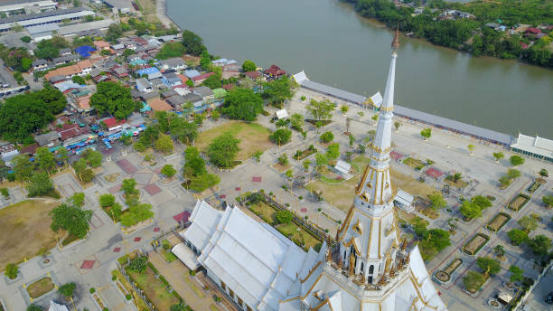 istock Thai temple church from aerial view 893262748