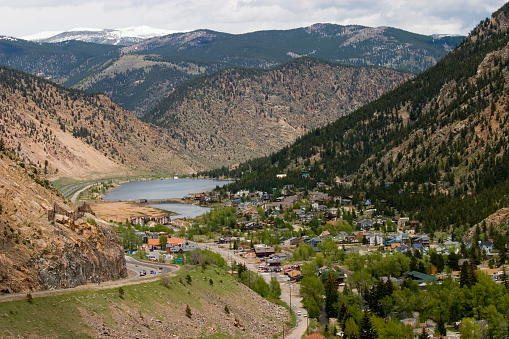 Interstate highway I70 snakes up the mountain pass near Georgetown Colorado