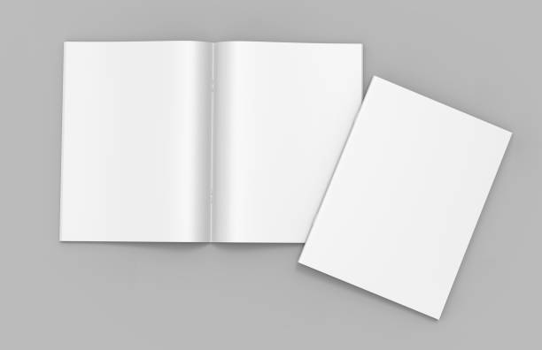 istock Blank white stapled catalog, magazines, booklet mock up on grey  background. 3d render illustration. 893272278