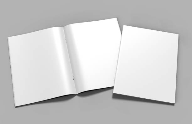 istock Blank white stapled catalog, magazines, booklet mock up on grey  background. 3d render illustration. 893272282