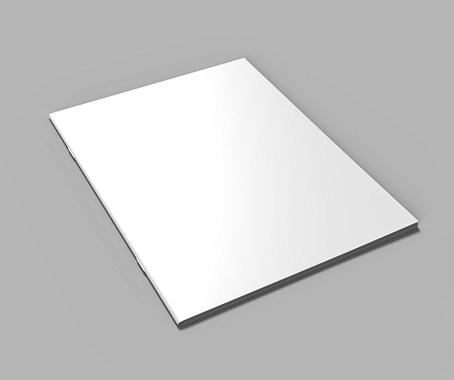 Blanco en blanco engrapadas catálogo, revistas, folleto imitan para arriba sobre fondo gris. Ilustración de render 3D. photo