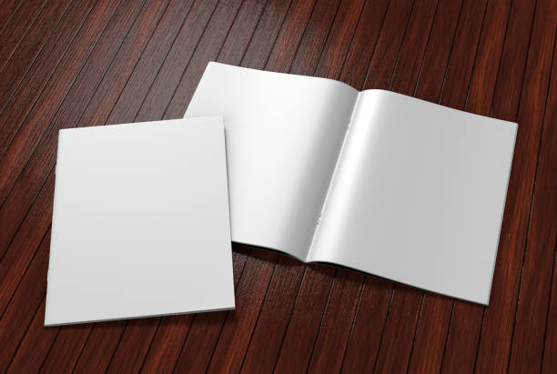 Blank white stapled catalog, magazines, booklet mock up on grey  background. 3d render illustration.
