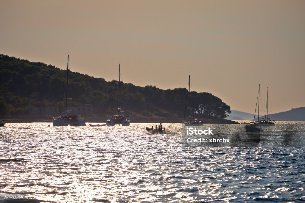 Island of Zlarin sailing bay at sunset view, Dalmatia archipelago of Croatia Adriatic Sea Stock Photo