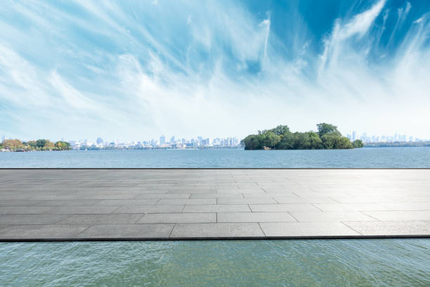 Outdoor viewing platform and lake natural landscape under the blue sky
