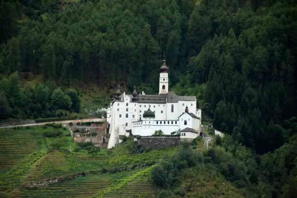 Marienberg Abbey or Abtei Marienberg or Abbazia Monte Maria on mountain at Malles Venosta, in val Venosta, in Trentino-Alto Adige, Italy