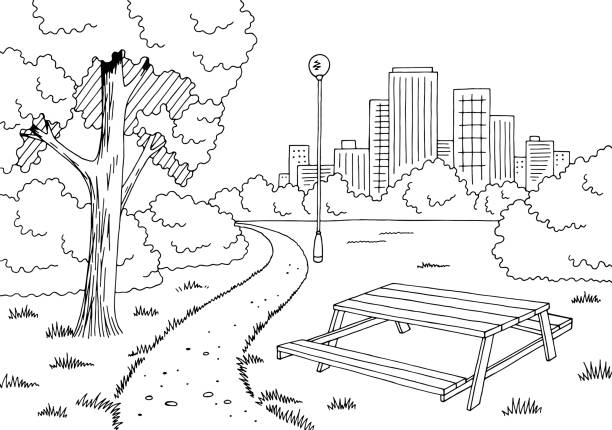 illustrazioni stock, clip art, cartoni animati e icone di tendenza di park grafico bianco nero tavolo paesaggio disegno illustrazione vettore - parco pubblico illustrazioni