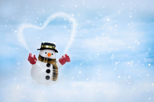 Happy snowman is standing in winter christmas landscape, Merry Christmas and happy New Year concept.