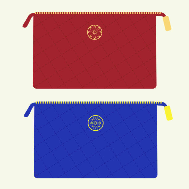 Cosmetic bag in red and blue colors Cosmetic bag from stitched fabric with golden zipper and emblem in red and blue colors stitched image stock illustrations