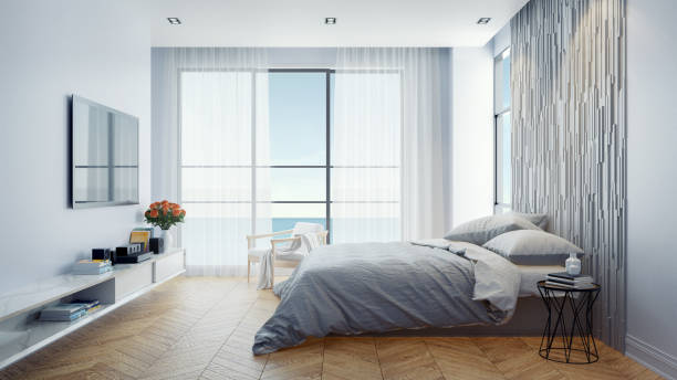 nowoczesna koncepcja wystroju wnętrz sypialni, letni relaks, widok na morze w willi, hotel, salon na plaży, / renderowanie 3d - hotel suite zdjęcia i obrazy z banku zdjęć