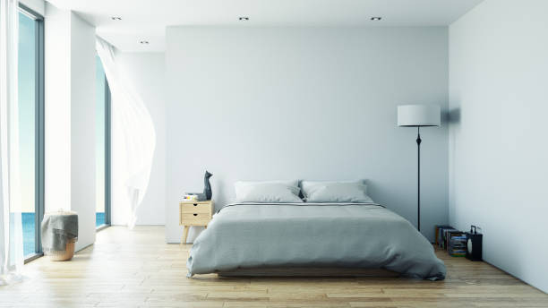 minimalist  interior Bedroom design concept ,Summer , sea view at villa,beach lounge,/3d rendering