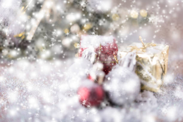 istock Christmas tree decoration with red, silver balls and gift box ornaments over with background 893318484