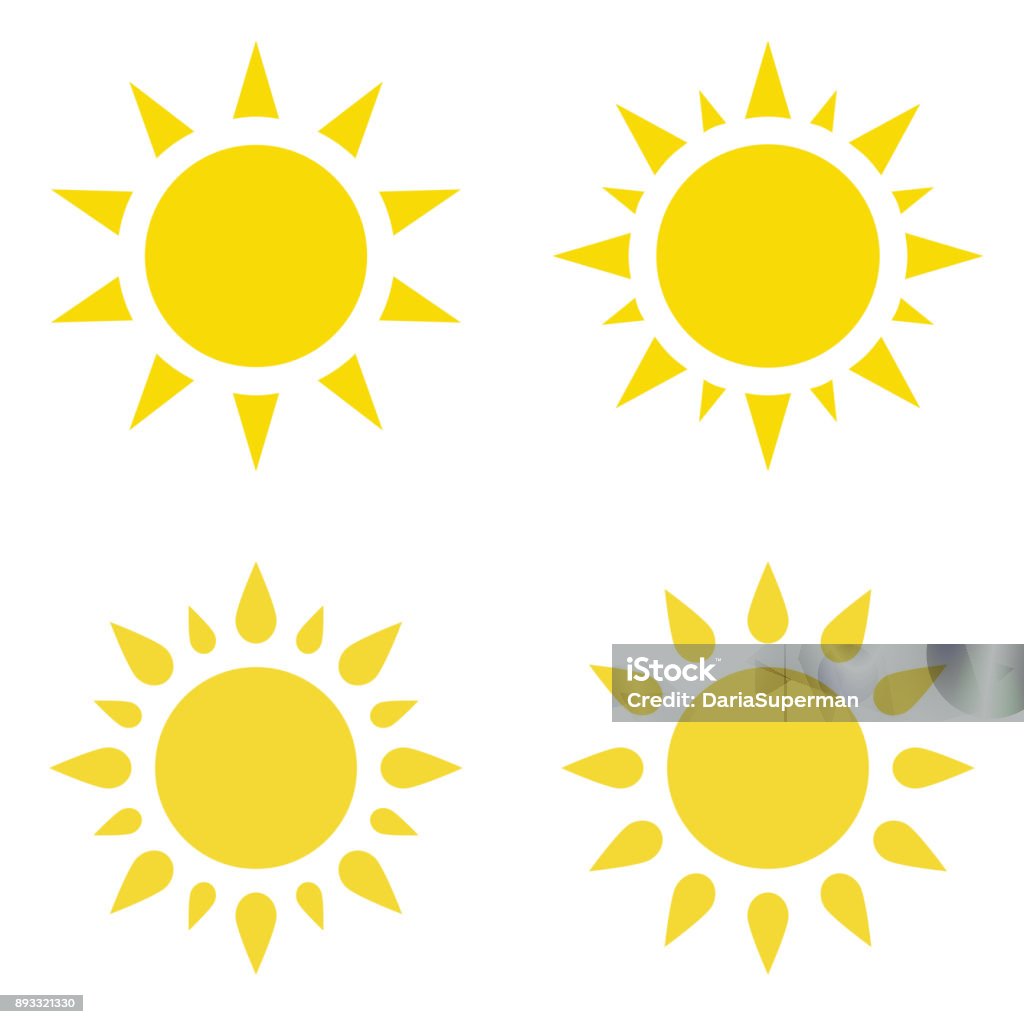 Icon the sun. Set. Vector flat illustration. Icon "Sun". Set. Vector flat illustration. Yellow silhouette, isolated on white background. Sunlight stock vector