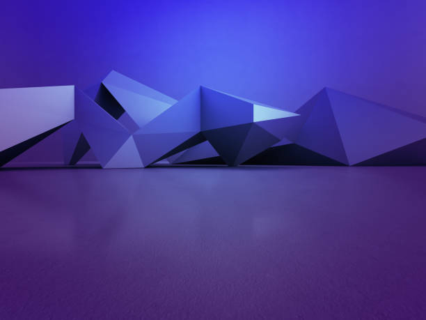 Geometric shapes structure on empty concrete floor with blue wall background in hall or modern showroom, Construction technology for future architecture - Abstract interior design 3d illustration