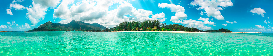 Panoramic view Thong Nai Pan Yai beach, Paradise, Malibu or Bottle beach on island Koh Phangan, village Chaloklum, Thailand, sunny day, white sand and crystal transparent blue water