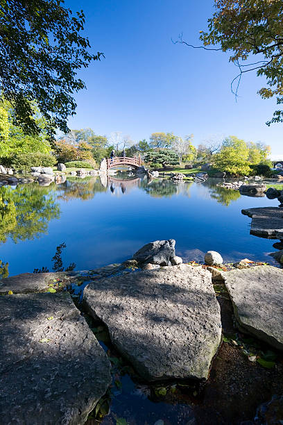 Scenery of Old Pack Horse Bridge over calm river under cloudy sky