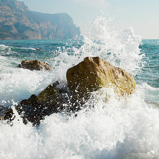 tempesta. onde sul mare e schiuma. - waves crashing foto e immagini stock