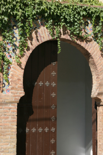 Close up of a old retro constructed brick wall with wooden door