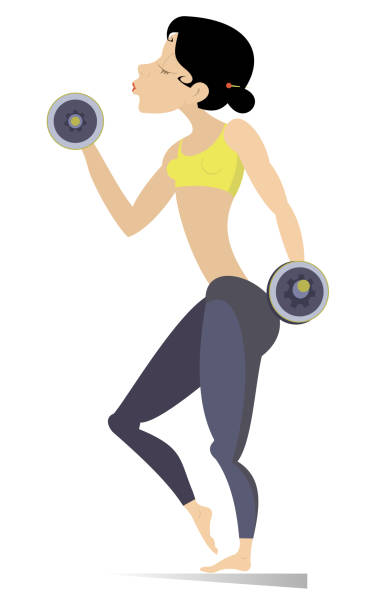 illustrations, cliparts, dessins animés et icônes de jolie jeune femme fait des exercices avec des haltères isolés - strongwoman