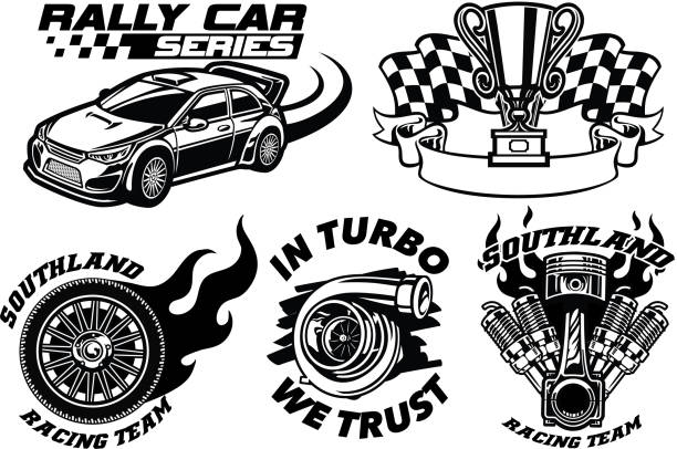 ilustraciones, imágenes clip art, dibujos animados e iconos de stock de carreras diseño conjunto de divisa - motor racing track sports race car motorized sport