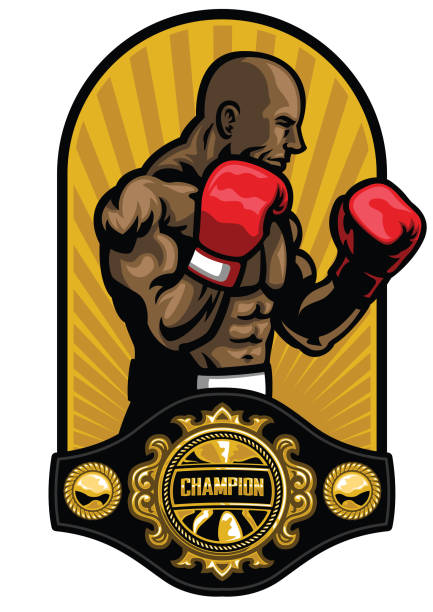 illustrazioni stock, clip art, cartoni animati e icone di tendenza di boxer posa con cintura campione di boxe - undercutting