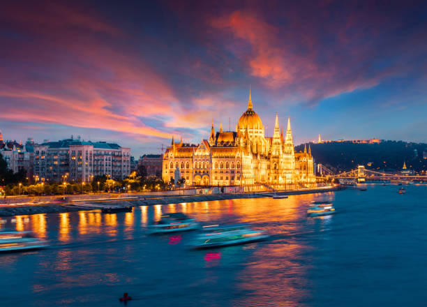 Colorful evening view of Parliament and Chain Bridge stock photo