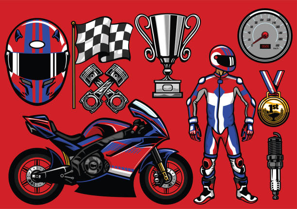 ilustraciones, imágenes clip art, dibujos animados e iconos de stock de juego de moto sport racing elementos - motorized sport motor racing track motorcycle racing auto racing