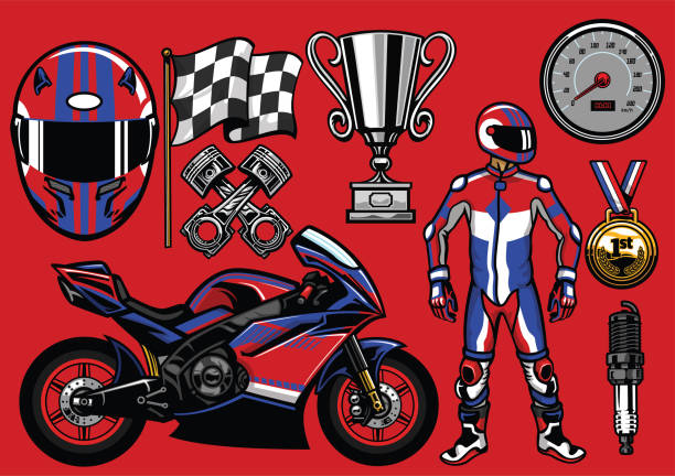 스포츠 오토바이 레이싱 요소 집합 - sports venue motorcycle motorized sport racecar stock illustrations