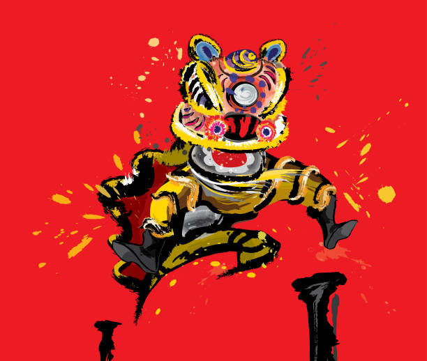 illustrazioni stock, clip art, cartoni animati e icone di tendenza di un leone cinese che salta in vari colori. - lion dance