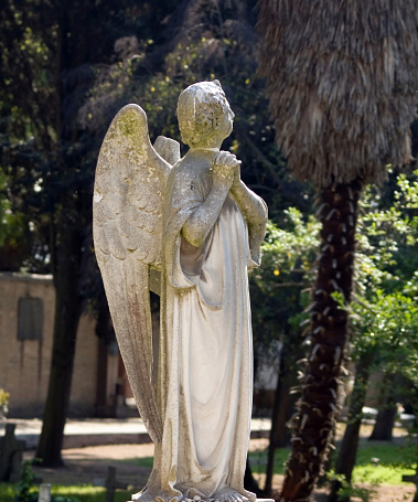 This old marble statue is in a public cemetary in Italy. There is no indication of the artist that made this piece