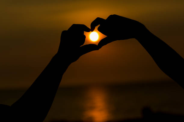 istock Silhouette of hands making a heart shaped symbol with beautiful sunset background. 893388872