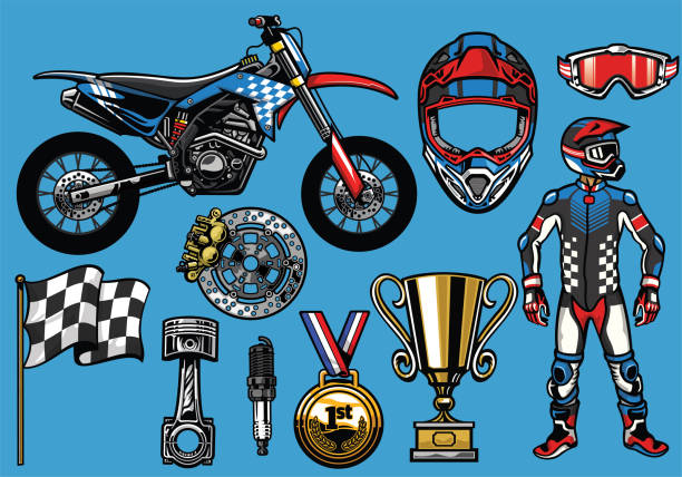 ilustraciones, imágenes clip art, dibujos animados e iconos de stock de concepto de supermoto establece elementos - motorized sport motor racing track motorcycle racing auto racing