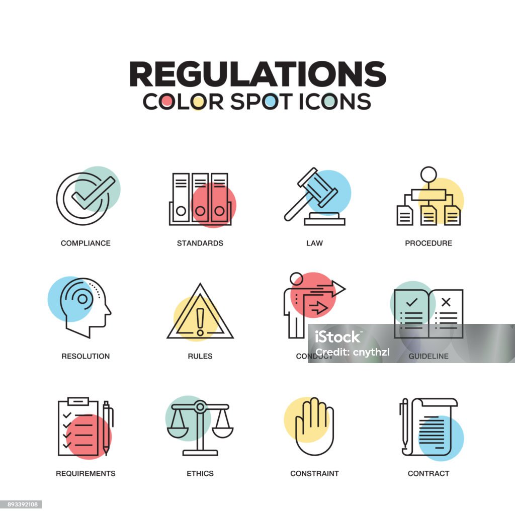 Regulations icons. Vector line icons set. Premium quality. Modern outline symbols and pictograms. Justice - Concept stock vector