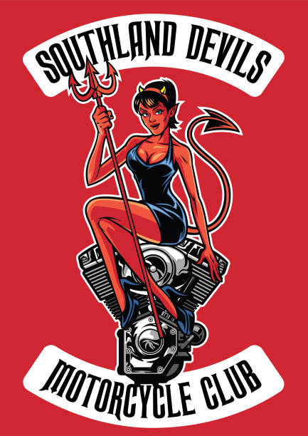 ilustraciones, imágenes clip art, dibujos animados e iconos de stock de sexy diablo con motor de la motocicleta - motorcycle women helmet sensuality