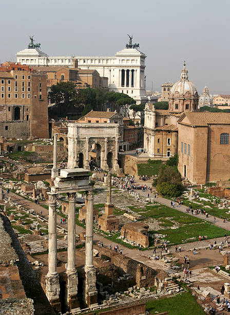 The Temple of Saturn at Roman Forum at dusk, Rome Italy