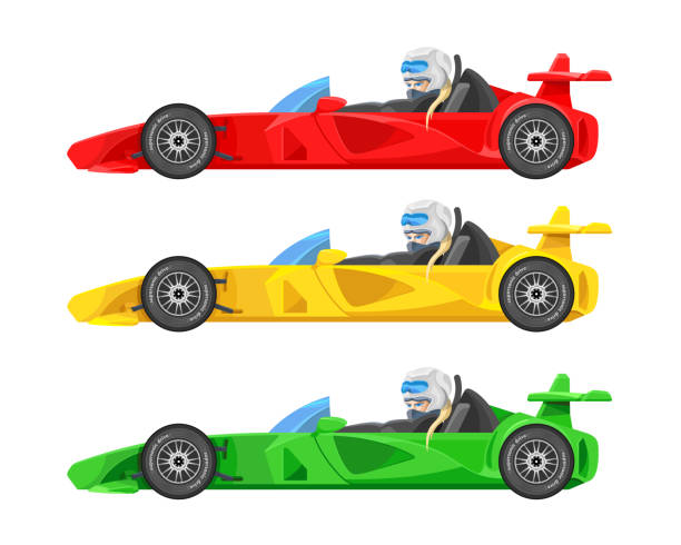 ilustraciones, imágenes clip art, dibujos animados e iconos de stock de conjunto de coloridas rápido motor de coches de carreras, fórmula 1 (uno), bólidos deportivos carreras de iconos de vector plano coche aislados sobre fondo blanco. impulsión del motor de velocidad. vista de lado. ilustración de vector - motorized sport motor racing track motorcycle racing auto racing