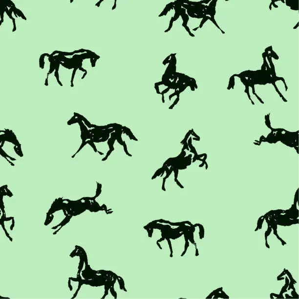 Vector illustration of Pattern with silhouette horses in various poses and motion. Seamless vector background with hand drawing horses.