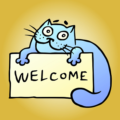 Cartoon blue hospitable cat with an invitation card. Vector Illustration. Speech bubble. Cute emoticon character. Cheerful pet. Orange color background.