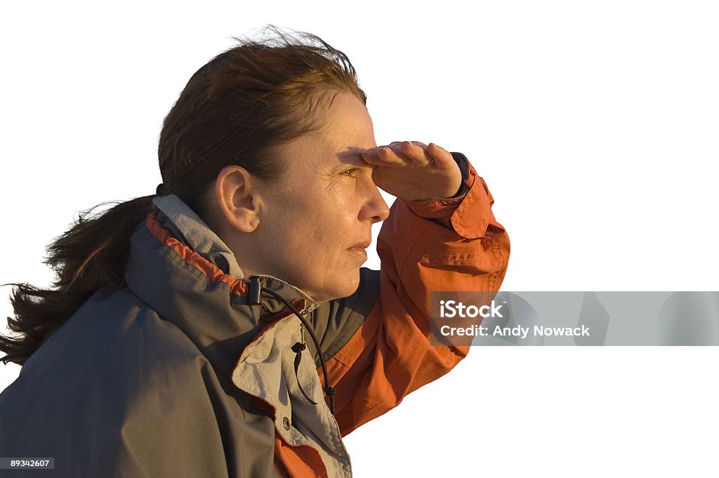 head profile isolated woman with hand at the forehead as sun protect Looking Stock Photo