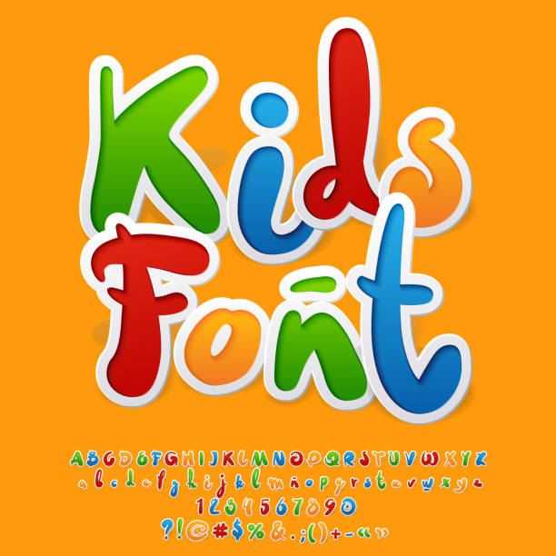 Vector colorful funny unusual Kids Font Hand written Alphabet letters, Numbers and Punctuation Symbols playful font stock illustrations