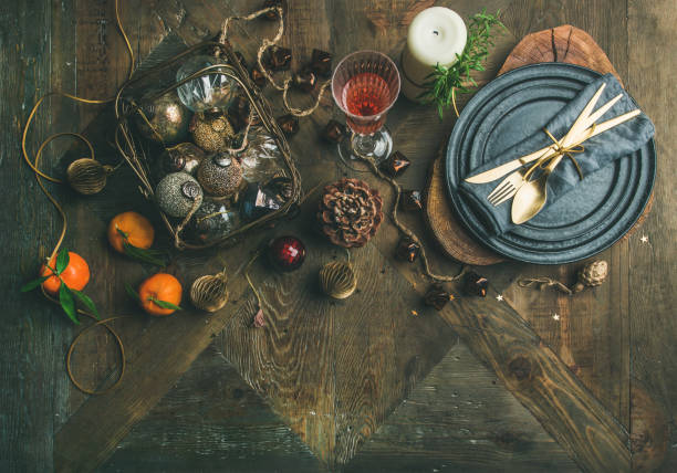 istock Christmas or New Years eve holiday table setting, copy space 893433256