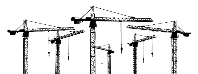 Computer generated 2D illustration with the silhouette of construction cranes