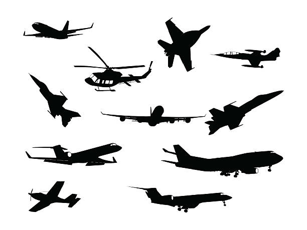 Different silhouettes of various aircraft white background 11 Aircraft Illustrations.  airplane silhouette commercial airplane shipping stock illustrations