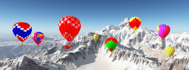 Computer generated 3D illustration with hot air balloons over snow covered mountains
