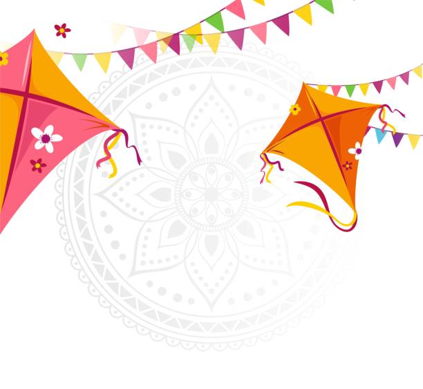 Happy Makar Sankranti holiday background with kites and bunting flags. Happy Makar Sankranti holiday background with kites and bunting flags. Vector illustration happy pongal pics stock illustrations