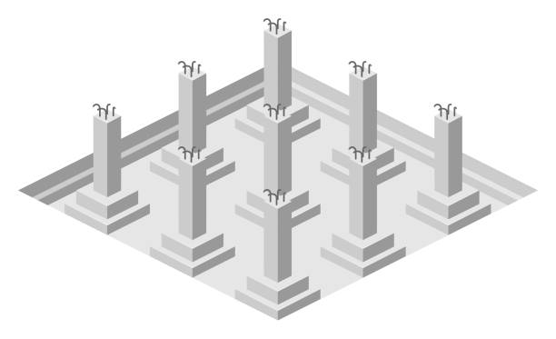 The Foundation piles. Construction of building. Isometric view. Architectural blueprints and diagrams. vector The Foundation piles. Construction of building. Isometric view. Architectural blueprints and diagrams. post and beam stock illustrations