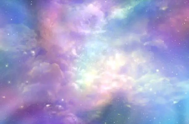 Multicolored ethereal cosmic sky scape with fluffy clouds, stars, planets, nebulas, and bright light depicting Heaven